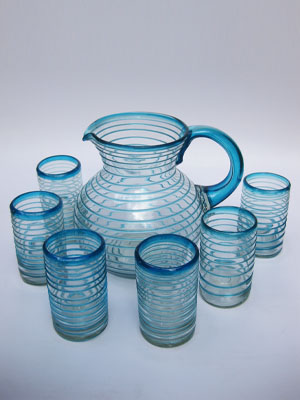 MEXICAN GLASSWARE / Blown Glass Large 120 oz Aqua Blue Spiral Pitcher and 6 Drinking Glasses set